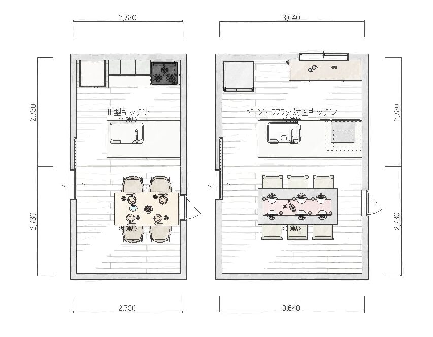 対面キッチン寸法平面図