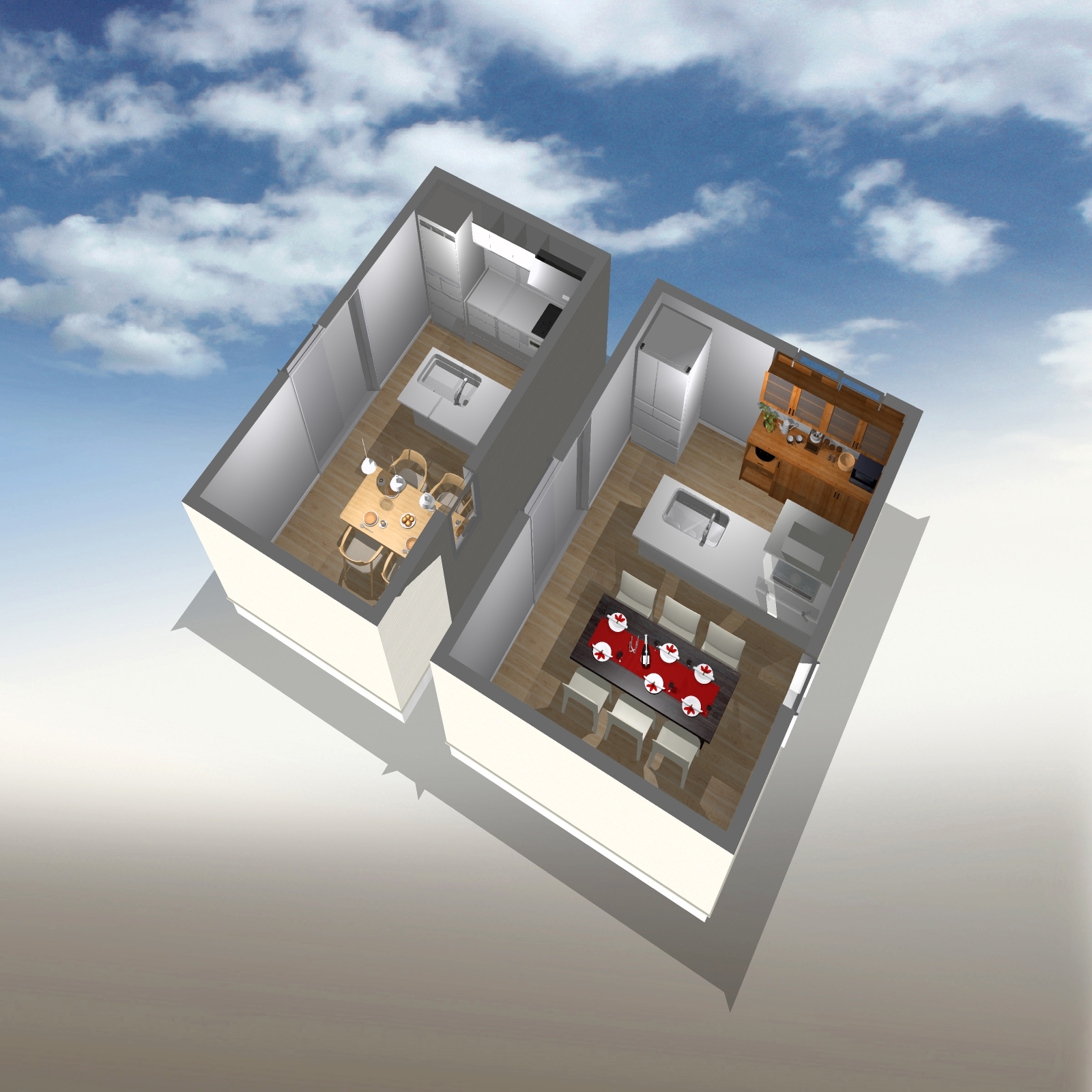 Ⅱ型キッチンと対面キッチン鳥瞰図